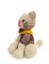 Angled view of the brown tonal crochet kitten with decorative yellow scarf.