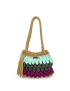 Front view of a multi-color handmade crochet T-shirt yarn handbag with gold straps and tassel.