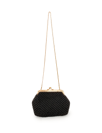 Front view of black macramé handbag with long gold chain strap.
