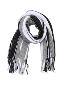 Hand-knitted men's scarf in black, grey, and white stripes styled in a knot.