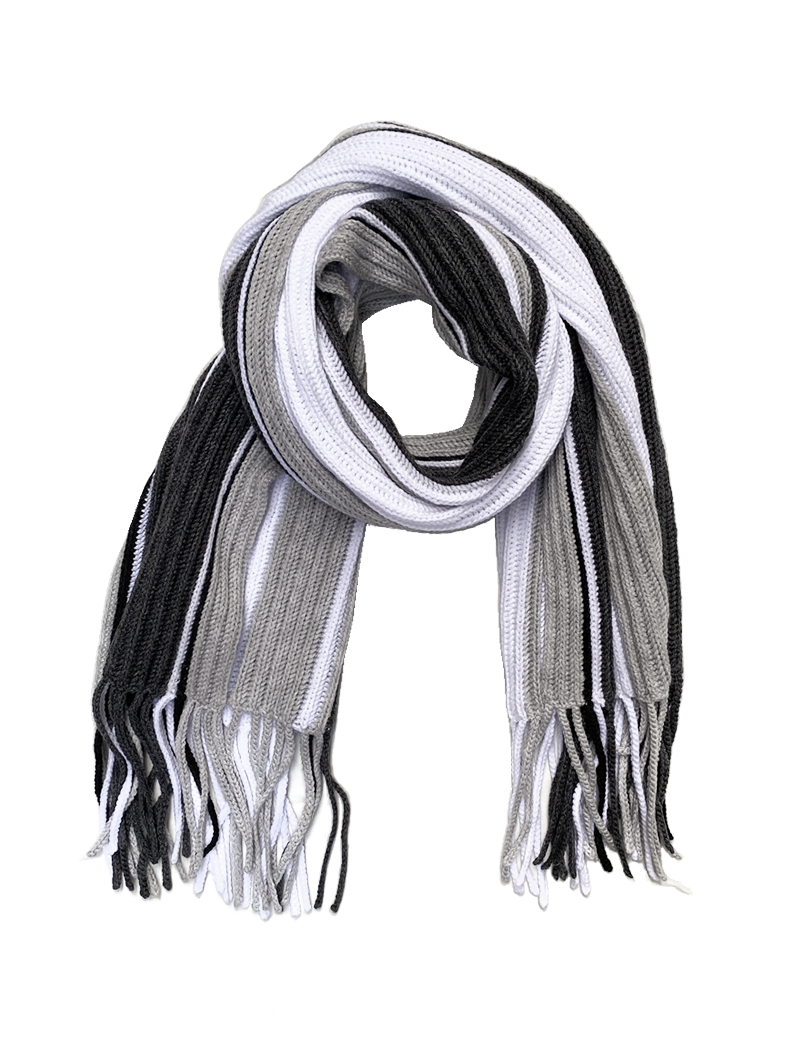 Hand-knitted men's scarf in black, grey, and white stripes styled in a knot.