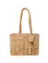 Front view of a square-patterned hand-crocheted jute tote bag with decorative wooden bead tassel.