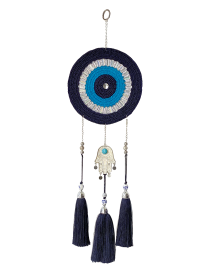 Front view of a 64cm handmade crochet Evil Eye and Hamsa wall hanging with navy tassels.