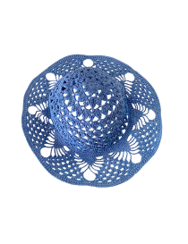 Handmade blue breathable cotton sun hat with decorative lace brim.