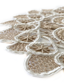 Side view showing the texture of scalloped lace edges.