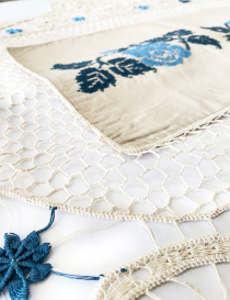 Detail of the hand-crafted honeycomb mesh and embroidery border.