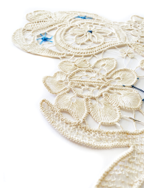 Close-up of the intricate hand-stitched cream cotton lace patterns.