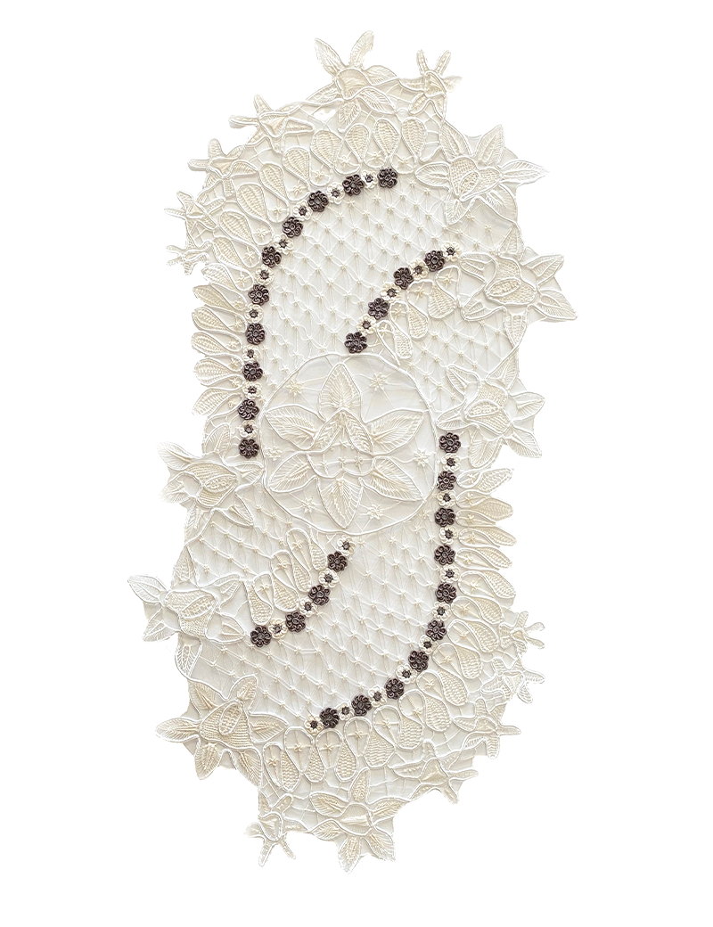 Overhead view of an elongated white lace table runner with floral accents on a white background.