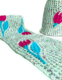 Handmade Crochet Winter Set | Pistachio Hat & Scarf with Fuschia Tulip