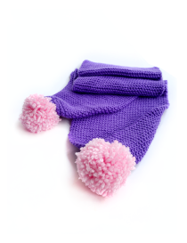 Playful Purple Knitted Scarf with Pink Pom Poms – Handmade Wool