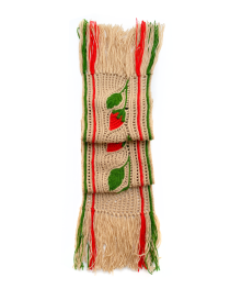 Vintage-Style Beige Crochet Scarf with Red & Green Floral Accents