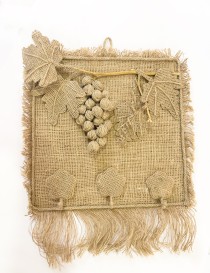 Handmade burlap wall hanger with 3D twine grape cluster and three hooks.