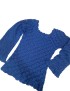 Girls' royal blue long-sleeve crochet dress with flared sleeves and scallop pattern.