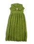 Girls' handmade green sleeveless knitted dress with textured skirt and swan brooch.