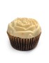 Handcrafted sculptural cupcake with a detailed cream-colored rose frosting top and a dark pleated base.