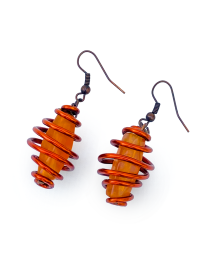 Pair of orange Aqeeq gemstone earrings in copper wire coil wrap.