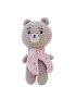 Hand-crocheted beige amigurumi teddy bear wearing a pink knit scarf.