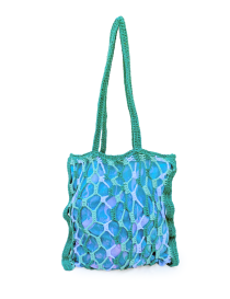Teal and lavender mesh crochet bag with fabric lining and long shoulder straps.