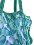 Teal and lavender mesh crochet bag with fabric lining and long shoulder straps.