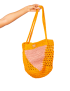 Yellow and pink crochet mesh beach bag with triangle pattern.