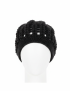 AI generated photo of handmade black crochet beanie with a thick ribbed texture displayed on a white head mannequin.