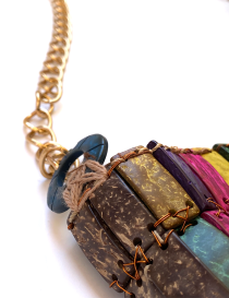 Close-up of gold chain attachment and hand-wired wooden tiles.