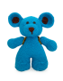 Front view of a blue crochet bear with brown ears and black button eyes.