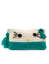 Front view of hand-crocheted cream and green cat pencil case.