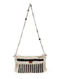 Front view of a handmade crochet crossbody bag with silver chain strap.