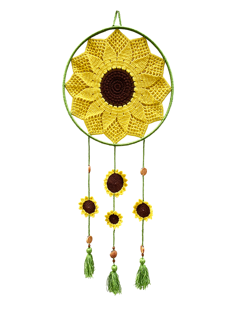 Full view of the crochet sunflower dream catcher with hanging mini flowers and tassels.