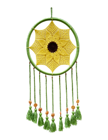 Front view of a large crochet sunflower dream catcher with green tassels.