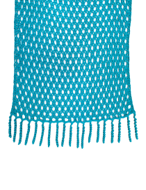 Bottom edge of turquoise crochet scarf showing even stitch work.