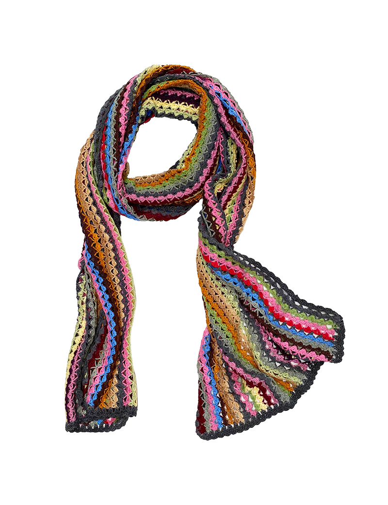 Long handmade crochet scarf with 12-color oriental dye pattern.