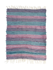 Striped recycled fabric rug in shades of blue, purple, and teal.