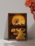 Mockup of Hand-burned pyrography of two deer by a lake with sunset reflection in a wood frame.