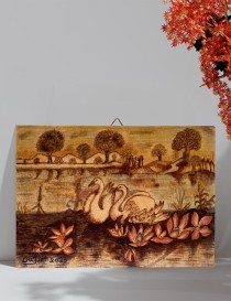 Woodburning Tableau Swans and a Lake