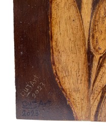 Close-up of the artist's signature "DuJArt 2023" on the bottom corner of the woodburning.