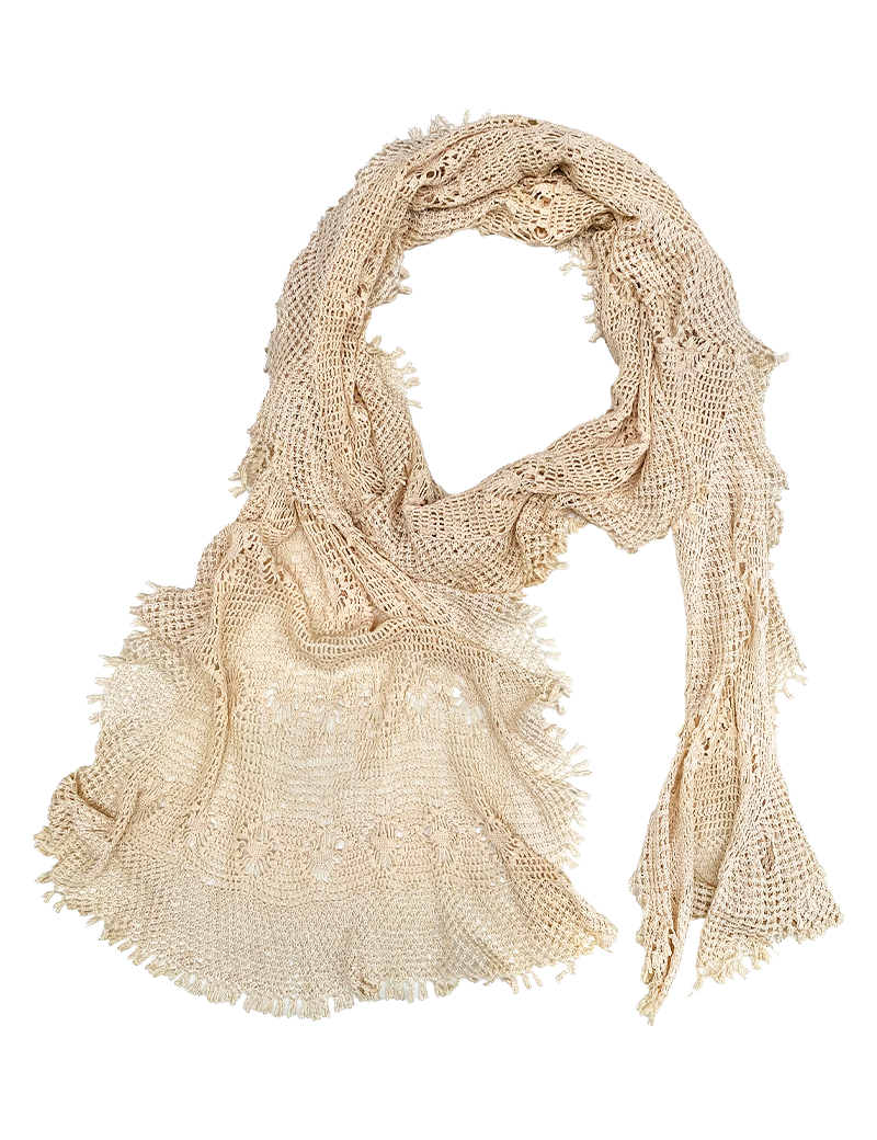 Full view of the 230cm long rectangular natural silk scarf with spider lace design.