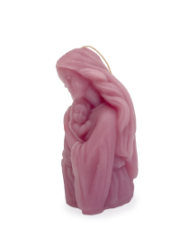 Side profile of the Virgin Mary and Child pink scented candle.
