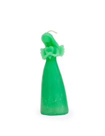 Front view of green angel candle holding a heart.