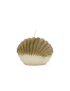 Front view of a large two-tone taupe and cream scented seashell candle with gold leaf accents and a cotton wick.
