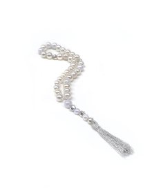 Full view of 33-bead silver pearl Tasbih for women with metallic tassel.