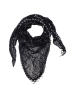 Black crochet triangle shawl with silver beads spread on white background.