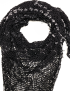 Close-up of draped black mesh shawl showing silver bead patterns.