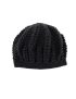 Front view of a handmade black crochet beanie for women with a textured ribbed pattern.