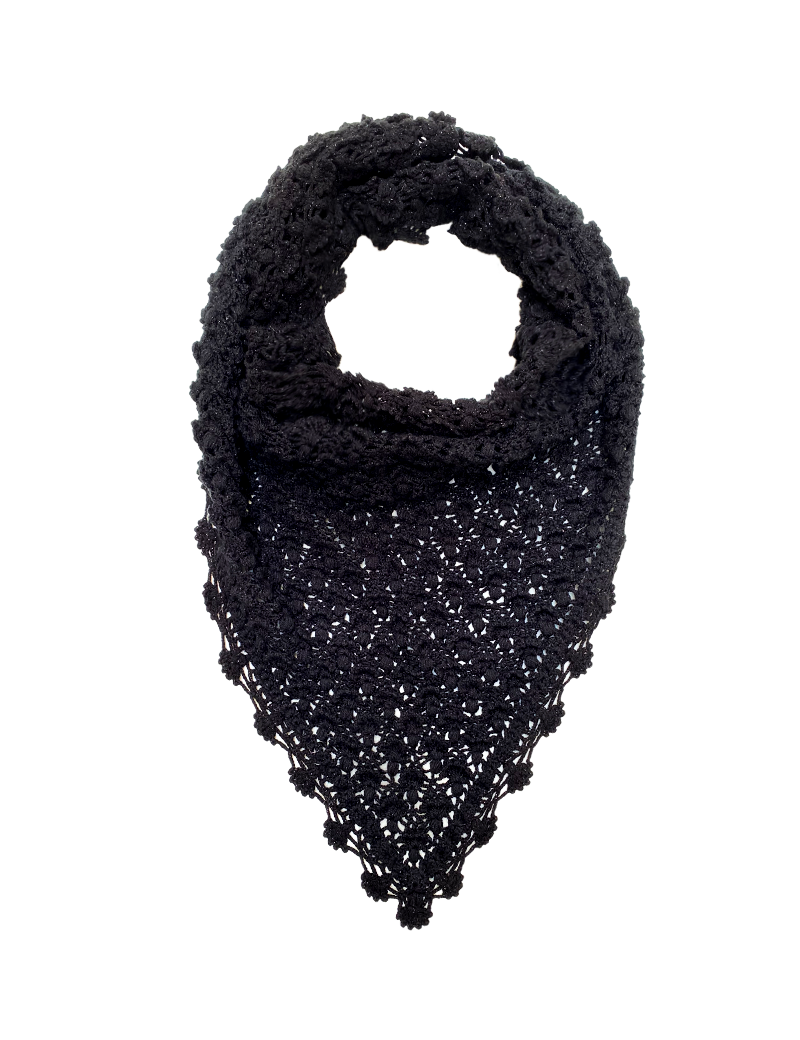 Black crochet triangle shawl styled as a draped neck scarf.