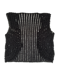 Flat lay view of a black crochet bolero-style jacket on a white background.