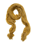 Full view of the rectangular golden scarf with fringe tassels.