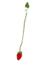 Full-length view of a green crochet stem bookmark with strawberry and flower ends.