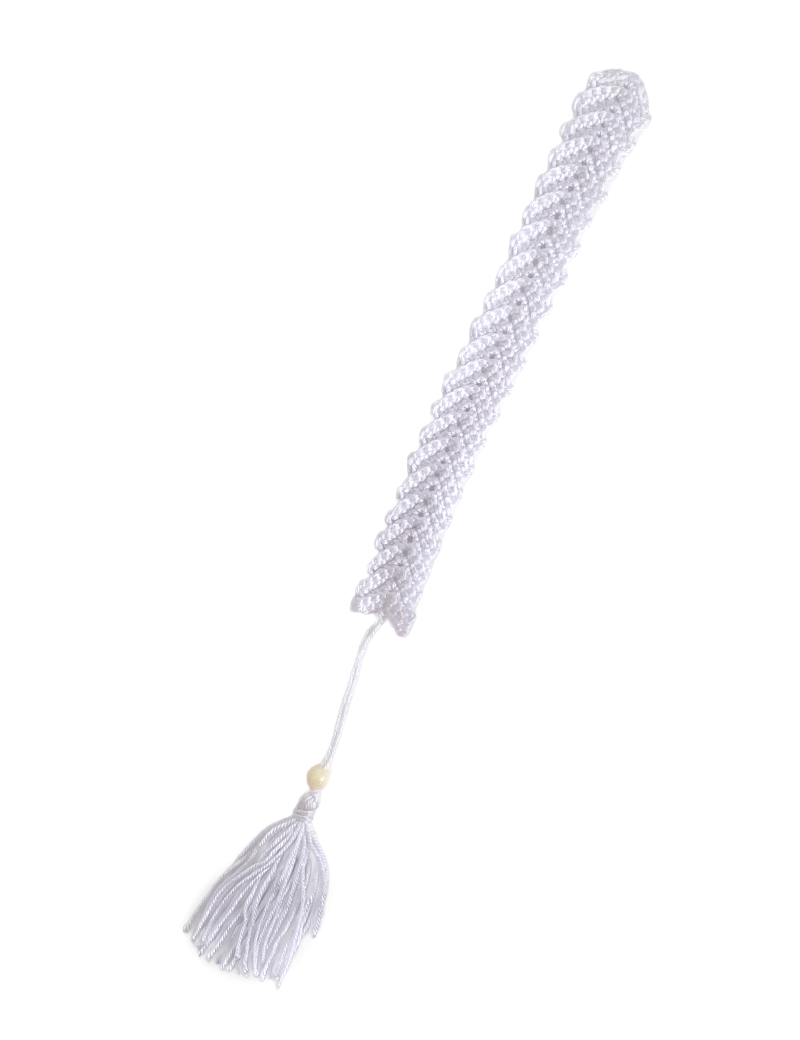 Pure white handmade crochet feather bookmark with a cream-colored bead.